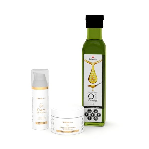 Body Saving Set - Superblend Organic Oil Coctail, Maść Konopna Skin Help 1500 mg CBD, Krem do twarzy